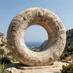 a gigantic paleolothic torus made of stone with highly detailed carvings of intricate shamanic robotic electronics and circuitry, in a mediterranean lanscape, inside a valley overlooking the sea, in the style of syd mead
