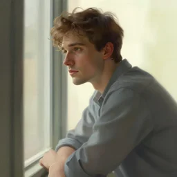 attractive man looking out the window sadly, highly detailed, digital painting, artstation, concept art, smooth, sharp focus, illustration, art by artgerm and greg rutkowski and alphonse mucha
