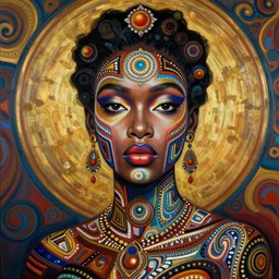 beautiful painted portrait of a gorgeous black woman, her skin in the pattern style of e. a. seguy and edouard benedictus, intricate details, opulent, hyper mdetailed, surrealism, vibrant and vivid