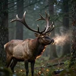 an bugling elk with massive antlers in a rainy forest, epic scene, extremely detailed masterpiece, extremely moody lighting, glowing light and shadow, atmospheric, shadowy, cinematic