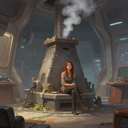 a painting of a woman sitting in a futuristic room in front of a chimney, smoke coming from chimney, a screenshot by senior environment artist, cgsociety, environmental art, 2 d game art, unreal engine 5, reimagined by industrial light and magic
