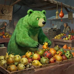 a post apocalyptic farmer's market, a green mutant bear sells strange, mutated fruits, fallout, full scene, gamma world, motu, in the style of don bluth, ralph bakshi, peter laird, stan sakai, digital painting, concept art, moody, 8 0 s talismans, artstation trending, artgerm