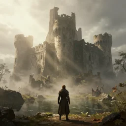 a ruined medieval castle, mist, sunrays, dust in the air, dnd character, unreal engine, octane render, dramatic lighting, pond, digital art, by stanley artgerm lau, greg rutkowski, thomas kindkade, alphonse mucha, loish, norman rockwell,