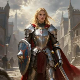 epic portrait of a paladin woman with loose blonde hair, shield on the left hand, sword on the right hand, plate armor and a red cape, on the streets of a fantasy town, cloudy, glowing, broad light, ambient occlusion, volumetric light effect, made by ivan aivazovsky, peter mohrbacher, greg rutkowski, matte painting, trending on artstation, 4 k, perfectly defined features, digital painting,