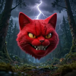 Floating red cat head with an evil grin, forest, thunderstorm, dramatic lighting