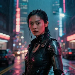 8 k remaster extremely detailed cinematic movie still from blade runner 2 0 4 9 of a chinese cyborg warrior princess in the street, megabuildings, face by artgerm, cyber noir, bokeh, denis villeneuve, rich colors, night, road, retrofuturism cyberpunk moody emotional cinematic, pouring iridescent rain bright spotlight helicopter, high resolution, 3 5 mm, f / 3 2, ultra realistic face