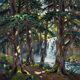 grove of cedar trees with waterfall in the background, painting, emily carr