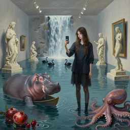 painting of a tall emo girl in a flooded art gallery, taking a selfie, a hippopotamus, berries, octopus, cephalopods, flooded, stone sculptures, art on the walls, fish, zen, waterfall, black swans, canoe, pomegranates, surrealist, by magritte and monet