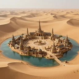 an ancient sacred religious tribal village built on water isolated and surrounded by a vast sand desert with many tall sand dunes, digital painting, trending on art station, highly detailed, intricate, matte painting, diffuse lighting, art by craig mullins, greg rutkowski, octane render, 8 k, unreal engine