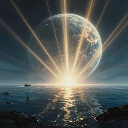 paint an epic sci - fi exploration scene as sd ai would paint it on a water surface planet, in the style of tom bagshaw, epic scene, glowing light and shadow, cinematic lighting, unreal engine, atmospheric, god lighting, lasers