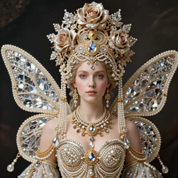 a fairy lady , rococo dramatic headdress ,baroque intricate fractals of roses,dressed, dembellished pearls tassels, made of crystal, tom bagshaw,Cedric Peyravernay,Virginie Ropars ,Billelis,Nekro,trending on pinterest,hyperreal,jewelry,gold,maximalist