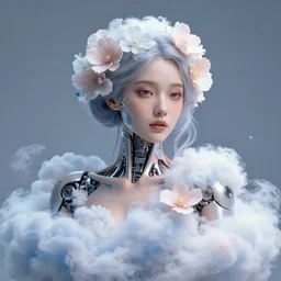 quantum cloud flowers, photorealistic beautiful female cyborg, flower hair accessories