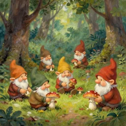 gnomes working in a natural forest, building mushrooms, fairytale, impressionism