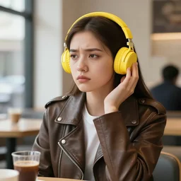 young adult woman in a coffee shop wearing bright yellow headphones and a leather jacket looking unamused, natural light, unreal engine