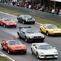 vintage archival race footage of a single delorean, with elements of the De Tomaso Pantera, Lotus, GT40, BMW M1, and Countach, movie still, speed, cinematic Panavision 5384 film