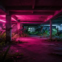 a indoor abandoned parking lot with overgrown plants, magenta lighting, neon, cyberpunk, art by Simon Stalenhag, cinematic, 4k