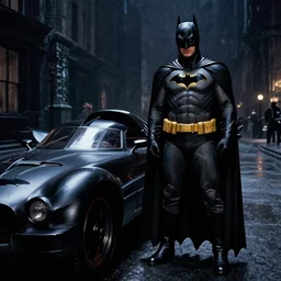 henry cavill as batman in batman ( 1 9 8 9 ), standing next to the batmobile, by tim burton, dark deco, gotham city, film still