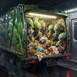 cyberpunk detail painting of subway garbage car full of aliens eating garbage food, deep displacement, back light, reflections, raytracing, raymarching, subsurface scattering, digital art, painted by alan lee