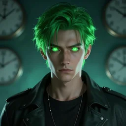 a man with glowing green eyes, green hair, cool clothes, clocks in the backround, concept art, professional art, artstation, trending on artstation, high detail