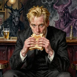 matte painting character illustration of john constantine sitting down on a barstool at a dive bar in london eating a sandwich, digital painting, illustration, constantine, john singer sargent, amazing values, 8 k, magical creatures in the background, watercolor texture, gothic, octane render, realistic face details, symmetrical face details, realistically rendered face, photorealistic eyes, blonde british man, moody lighting, muted colors