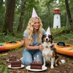 blonde thirty years old balthazar one dog with birthday hats, celebrating a birthday in a forest, with chocolate cakes slices and kayaks, with a lighthouse in the background