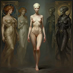 wide angle full body portrait of an alien female, a perfect face and perfect body, thin waist, hips, intricate, single face, highly detailed, digital painting, artstation, concept art, smooth, sharp focus, illustration, Unreal Engine 5, 8K, art by artgerm and greg rutkowski and alphonse mucha and david cronenberg and h.r. giger