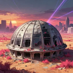 a beautiful hyperdetailed anime illustration of building abandoned dome house architecture urbex industrial architecture unfinished building nature by antoine predock, magic realism futuristic desert gem infrared vaporwave bioshock laser sunset liberty city, archdaily, wallpaper, highly detailed, trending on artstation.