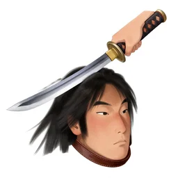 handless horsman with katana slicing a head, japanese style, traditional, leather
