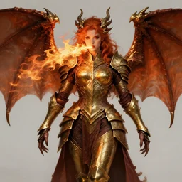 full body portrait of dragon master lady, human, pretty face, taned skin, red eyes, wild ginger hair, draconic looking brass armor, symmetric wings, firebreathing, high fantasy, dnd, highly detailed, smooth, sharp focus, illustration, by artgerm, greg rutkowski, alphonse mucha