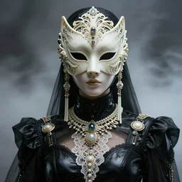 a cyborg with mask, black leather garment with art nouveau ivory accessories, intricate lace and jewels, cyberpunk, darksynth, luxury, concept art by zeen chin, extremely detailed, ominous, ethereal, misty, rim lighting, artstation, ruan jia, alphonse mucha, 8 k, octane render