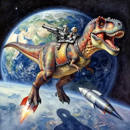 a beautifull intricate watercolour painting of a tyrannosaurus rex equipped with guns!!!! flying in space with rockets with earth in the background, reflexions, verry high details by william turner art, greg rutkowski and alphonse mucha, trending on artstation, very very detailed, masterpiece, vibrant colors