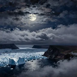 painting by sargent and leyendecker and greg hildebrandt savrasov levitan kuindzhi aiwazovsky gorgeous fantasy landscape deep dark night and moonlight above the layered low clouds on madeira faroe azores iceland black coast icebergs and glacier overcast storm wide angle view from above masterpiece