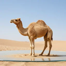 camel made from sand, rising form the sand on glass table, in the desert