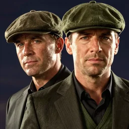 portrait close - up kevin mckidd ciaran murphy, olive green flat cap and gilet suit, dark, gta v cover