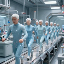 troop in formation of athletic humans with light blue latex suits and white hair on a conveyor belt, futuristic chemistry lab, sci - fi, highly detailed, hyperrealistic