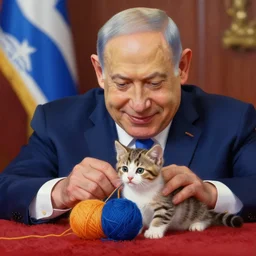 benjamin netanyahu smiling while playing with a kitten on a carpet, yarn ball, rich vivid colors, sharp, smooth, highly detailed, close - up, digital painting