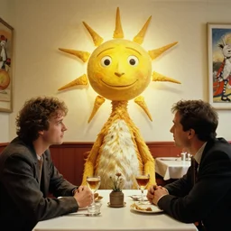 the bright sun creature in the restaurant, film still from the movie directed by denis villeneuve and david cronenberg with art direction by zdzisław beksinski and dr. seuss