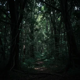 image of a dark forest, with trees towering overhead and thick vines hanging down. there is a feeling of mystery and danger in the air, and the light is filtered through the leaves, creating dappled patterns on the ground.