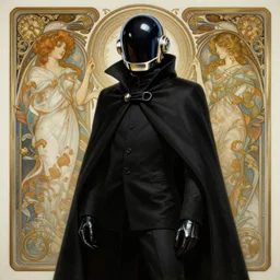 painting Daft Punk member in black cloak, elegant, intricate, highly detailed, digital painting, artstation, concept art, sharp focus, illustration, art by artgerm and greg rutkowski and alphonse mucha