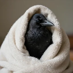 crow wrapped in a soft thick blanket, 3 3 mm photo