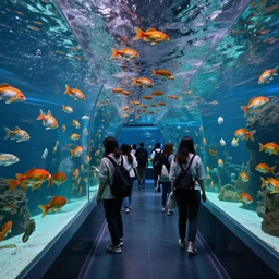 people observing lots of beautiful fish in an underground aquarium corridor, in the style of artgerm, fantasy art, ray tracing, water droplets, highly detailed, artstation trend, highly detailed and intricate, sharp focus, photography, unreal engine 5