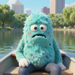the pain is splattered on the sad monster's face on a sunny day in a boat on a pond in a city park, unreal engine, photorealistic