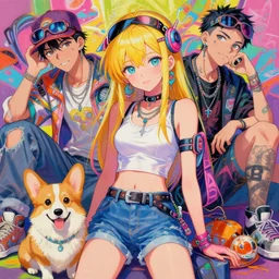 beautiful anime portrait painting of sunny hiphop solarpunk princess summertime chill with corgi, by dao le trong, daniela uhlig, craig mullins, craig davison. trending on artstation, 8 k, masterpiece, graffiti paint, fine detail, full of color, intricate detail, golden ratio illustration