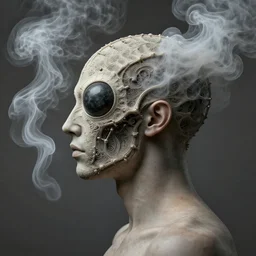 concept art, side portrait of human with the insectoid shaped face, detailed, realistic, volumetric smoke, surrealism, in the style of ernst haeckel