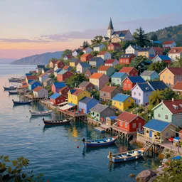 a beautiful painting of a fishing village, gigantic, octane render, brilliantly coloured, intricate, ultra wide angle, trending on artstation, dusk, volumetric lighting, polished, micro details, ray tracing, 8k