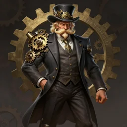 a highly detailed illustration of fancy blonde moustache old man wearing hat with gears and suit, dramatic standing pose, gear background, muscular, intricate, elegant, highly detailed, centered, digital painting, artstation, concept art, smooth, sharp focus, league of legends concept art, wlop.