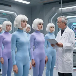 troop of very short cloned women with white bob hairdos, tight light blue and lavender jumpsuits, standing next to tall scientist looking at a clipboard, futuristic cloning facility, sci - fi, highly detailed, cinematic