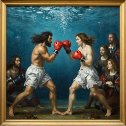 epic beautifull renaissance portrait of a 2 boxers fighting underwater, art by * christy lee rogers and gessica marmotta and zena holloway * ( with help of mario testino and peter lindbergh, marta syrko, julia hetta, and neil leifer )