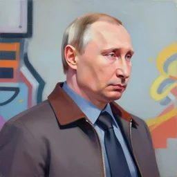 Portrait painting Vladmir putin wearing a jacket and a collar, as an Overwatch character, medium shot, asymmetrical, profile picture, Organic Painting, sunny day, Matte Painting, bold shapes, hard edges, street art, trending on artstation, by Huang Guangjian and Gil Elvgren and Sachin Teng