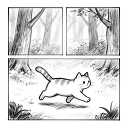 a storyboard pencil sketch of a cat running through a forest, black and white, rough sketch with erased lines, trending on artstation